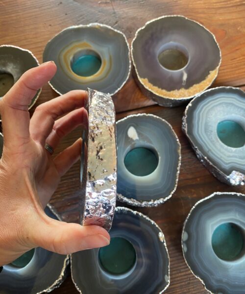Large Grey - Natural Agate Slice Microcrystalline Quartz Silver Gilded Tealight Candle Holder - Image 5