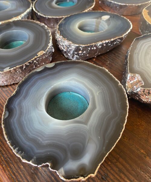 Large Grey - Natural Agate Slice Microcrystalline Quartz Silver Gilded Tealight Candle Holder