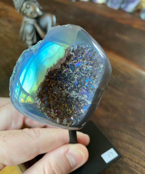 Premium High Grade Amethyst Angel Aura Geode on Stand 17 Mini Geode 164g H12xW6.5xD3cm - Image 3