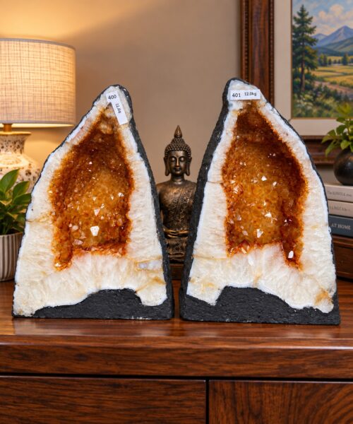 Citrine Geode PAIR 400 & 401 Crystal Cluster Druzy Premium Grade 12kg each H32xW24xD16cm