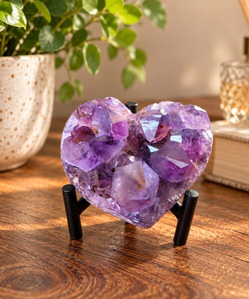 Amethyst Heart on Stand 1 Purple Quartz Geode Crystal Gift 300g - H6xW8xD4.5cm