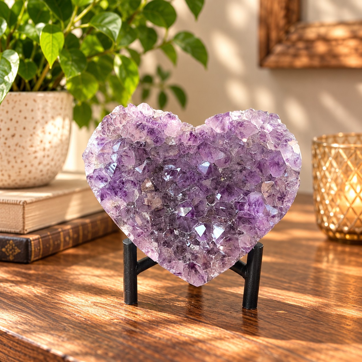 Amethyst Heart on Stand 13 Purple Quartz Geode Crystal Gift 493g - H9xW10xD4.5cm