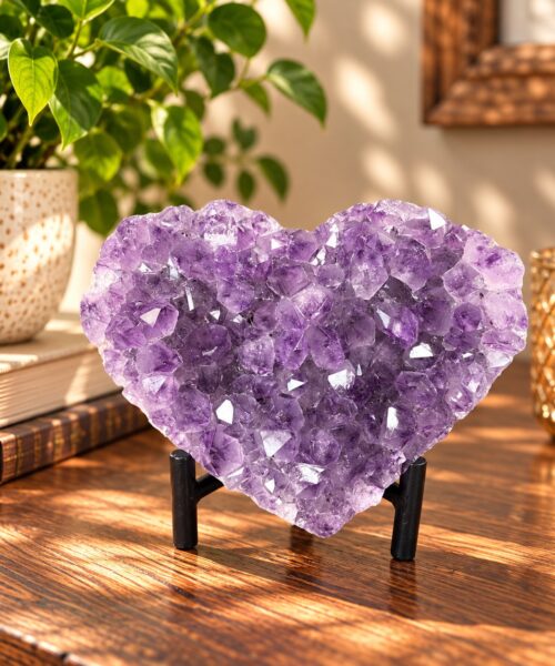 Amethyst Heart on Stand 14 Purple Quartz Geode Crystal Gift 911g - H10xW13xD6cm