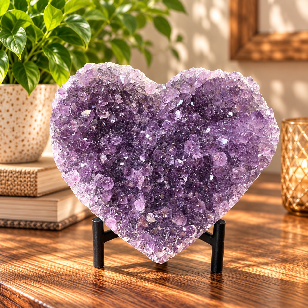 Amethyst Heart on Stand 28 Purple Quartz Geode Crystal Gift 1.011g - H13xW15xD3.5cm