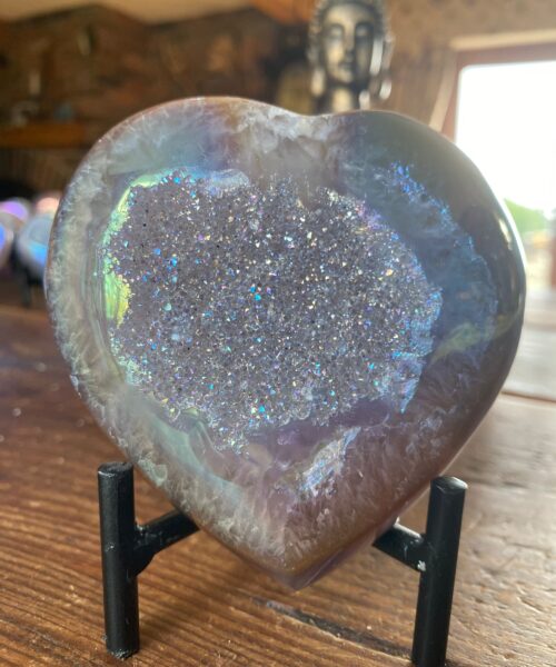 Agate Angel Aura Heart on Stand 11, Aura, Titanium, Cluster, Crystal, Gemstone 532g – H9xW10xD4cm