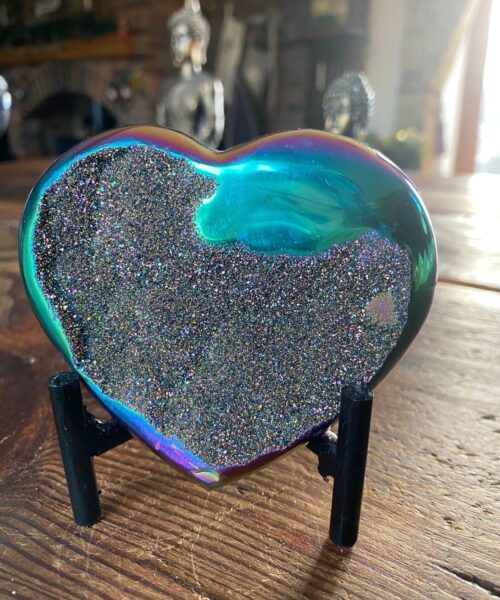 Rainbow Quartz Heart with Stand 12, Aura, Titanium, Cluster, Crystal, Gemstone 354g – H10xW9.5xD3.5cm