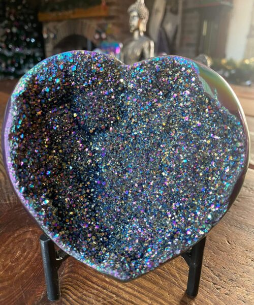 Rainbow Quartz Heart with Stand 17, Aura, Titanium, Cluster, Crystal, Gemstone 620g – H12xW11xD6cm