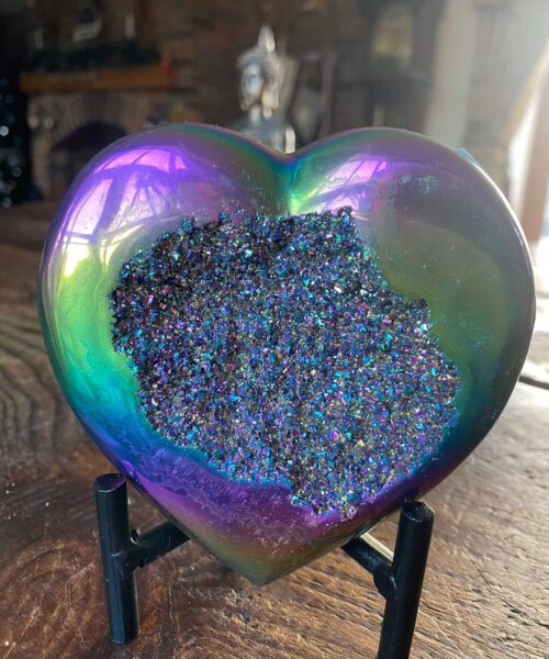 Rainbow Quartz Heart with Stand 23, Aura, Titanium, Cluster, Crystal, Gemstone 558g – H12xW10xD4cm