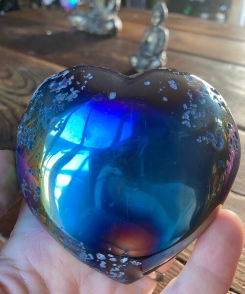 Rainbow Quartz Heart with Stand 23, Aura, Titanium, Cluster, Crystal, Gemstone 558g – H12xW10xD4cm - Image 3