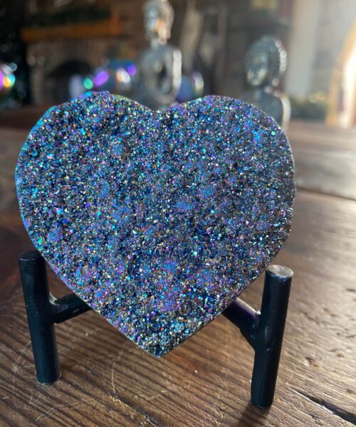 Rainbow Quartz Heart with Stand 26, Aura, Titanium, Cluster, Crystal, Gemstone 282g – H8xW7.5xD4cm