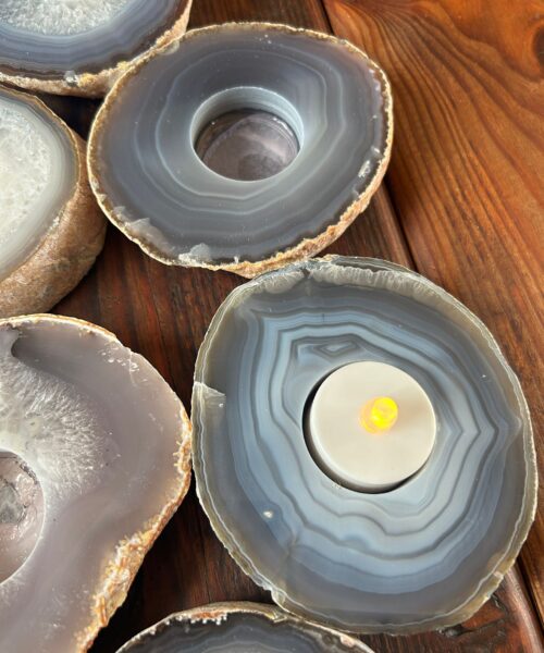 Large Grey - Natural Edge Agate Slice Microcrystalline Quartz Tealight Candle Holder