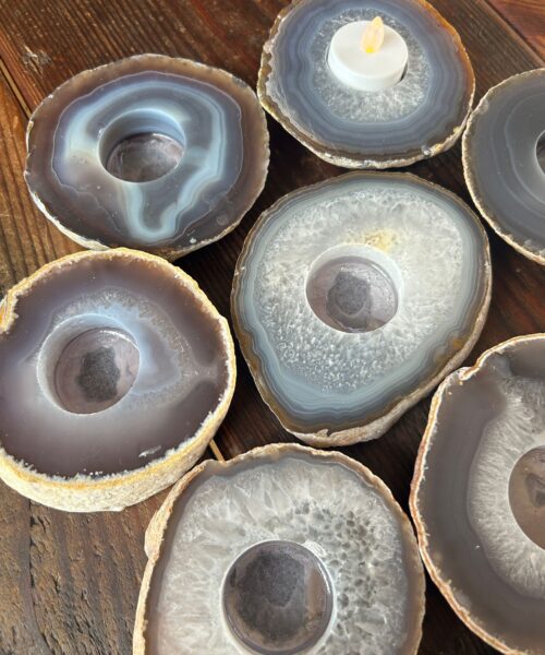 Large Grey - Natural Edge Agate Slice Microcrystalline Quartz Tealight Candle Holder - Image 7
