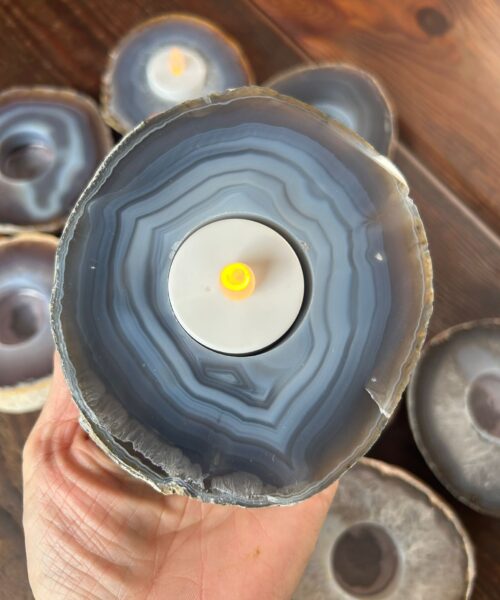 Large Grey - Natural Edge Agate Slice Microcrystalline Quartz Tealight Candle Holder - Image 6