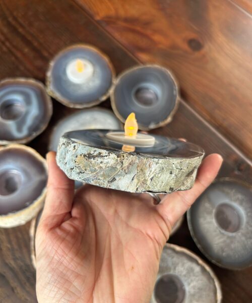 Large Grey - Natural Edge Agate Slice Microcrystalline Quartz Tealight Candle Holder - Image 5