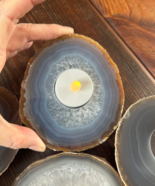 Large Grey - Natural Edge Agate Slice Microcrystalline Quartz Tealight Candle Holder - Image 3