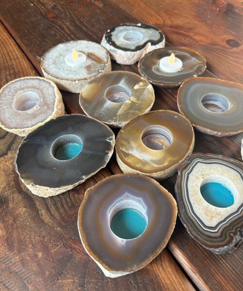 Large Natural Caramel - Natural Edge Agate Slice Microcrystalline Quartz Tealight Candle Holder