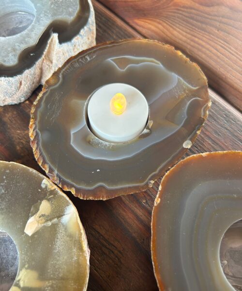 Large Natural Caramel - Natural Edge Agate Slice Microcrystalline Quartz Tealight Candle Holder - Image 8