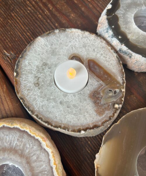 Large Natural Caramel - Natural Edge Agate Slice Microcrystalline Quartz Tealight Candle Holder - Image 7