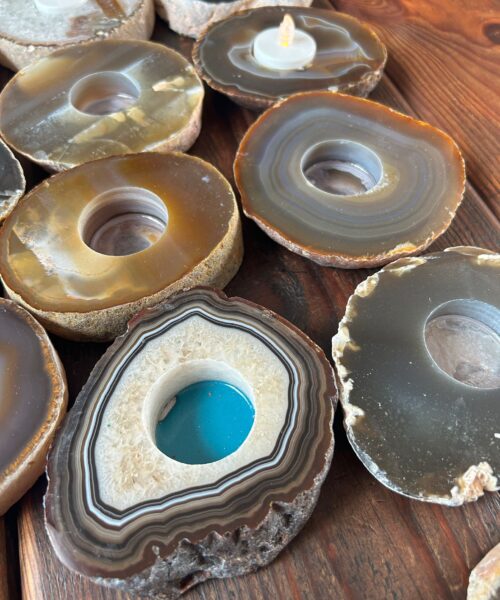 Large Natural Caramel - Natural Edge Agate Slice Microcrystalline Quartz Tealight Candle Holder - Image 6