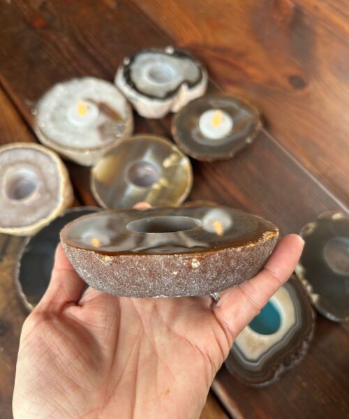 Large Natural Caramel - Natural Edge Agate Slice Microcrystalline Quartz Tealight Candle Holder - Image 5