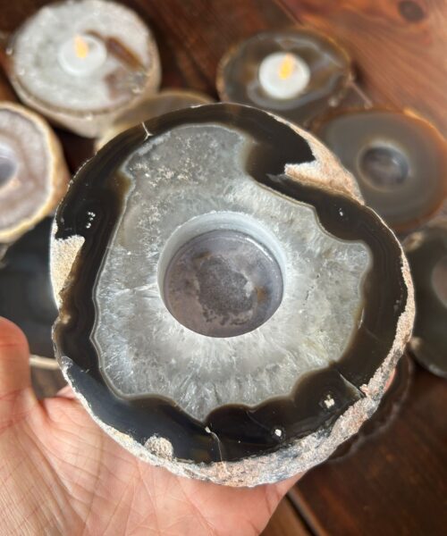 Large Natural Caramel - Natural Edge Agate Slice Microcrystalline Quartz Tealight Candle Holder - Image 3