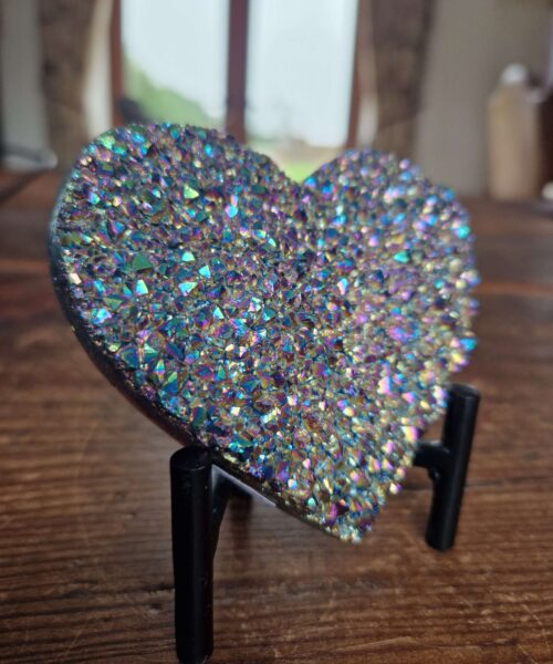 Rainbow Quartz Heart with Stand 34, Aura, Titanium, Cluster, Crystal, Gemstone 303g – H8.5xW9.5xW6.5cm - Image 3