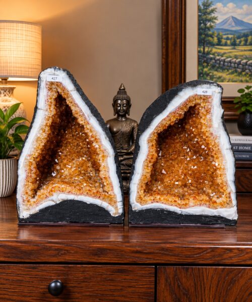 Citrine Geode Pair 427 & 428 Crystal Cluster Druzy Premium Grade 24kg each H38xW29xD24cm (can split)