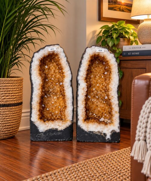 Tall Citrine Geode PAIR 453 & 454 Crystal Cluster Druzy Premium Grade 19kg each H45xW23xD18cm