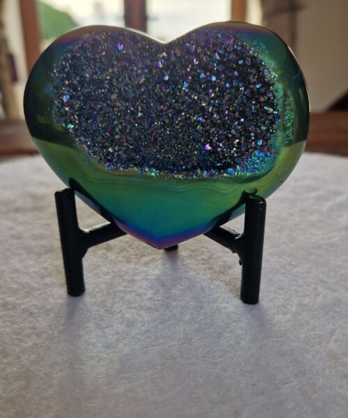 Rainbow Quartz Heart with Stand 44 Aura, Titanium, Cluster, Crystal, Gemstone 357g – H8xW9xD5cm