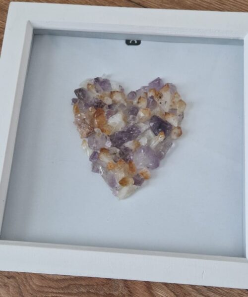 Handmade Unique Exclusive Amethyst & Citrine Crystal Heart – Framed Picture Wall Art White Frame