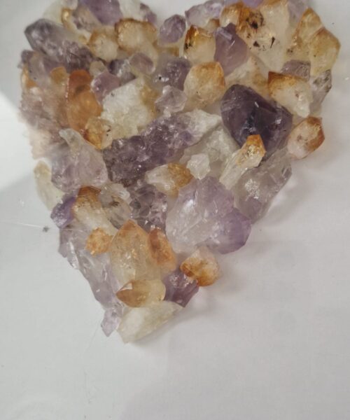 Handmade Unique Exclusive Amethyst & Citrine Crystal Heart – Framed Picture Wall Art White Frame - Image 3