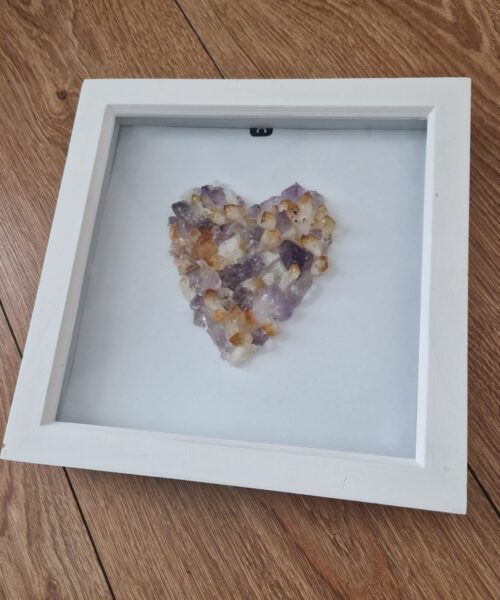 Handmade Unique Exclusive Amethyst & Citrine Crystal Heart – Framed Picture Wall Art White Frame - Image 5