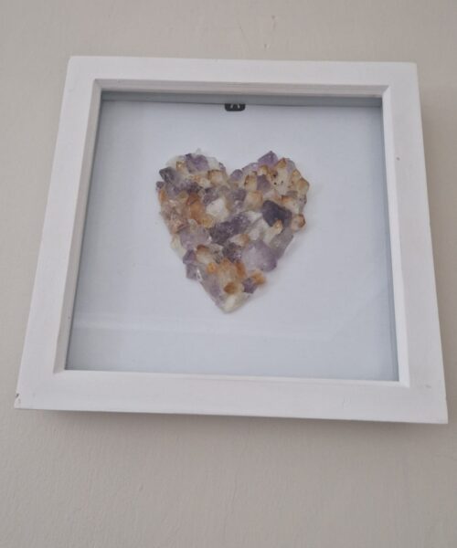 Handmade Unique Exclusive Amethyst & Citrine Crystal Heart – Framed Picture Wall Art White Frame - Image 6