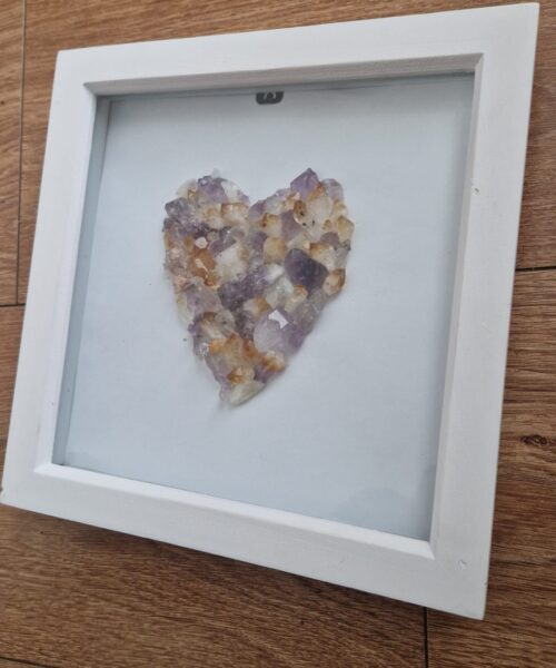 Handmade Unique Exclusive Amethyst & Citrine Crystal Heart – Framed Picture Wall Art White Frame - Image 7