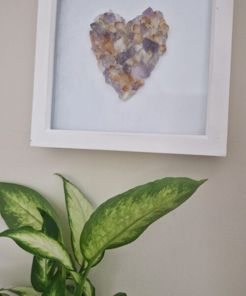 Handmade Unique Exclusive Amethyst & Citrine Crystal Heart – Framed Picture Wall Art White Frame - Image 9