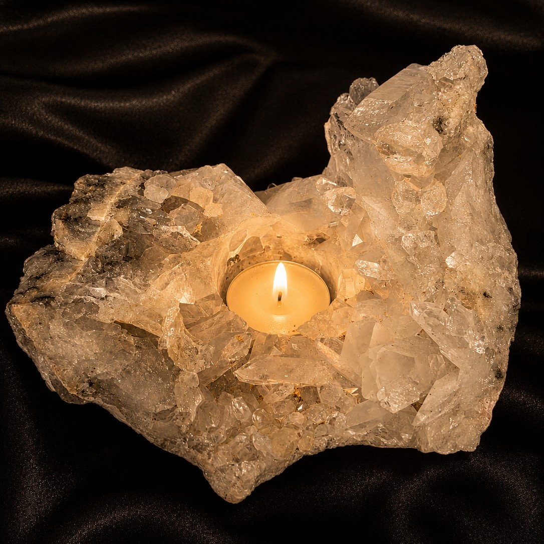 Large Premium Rock Crystal Quartz Candle Holder 20A Clear Crystal White Tealight Holders 967g H9xW15xD11cm