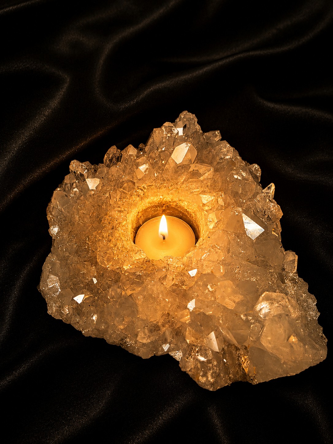 Large Premium Rock Crystal Quartz Candle Holder 34 Clear Crystal White Tealight Holders 1.573g H7.5xW15xD14cm