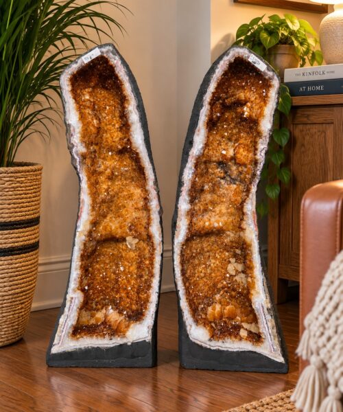 Tall Citrine Geode PAIR 550-551 Crystal Cluster Druzy Premium Grade 34kg each H74xW25xD19cm