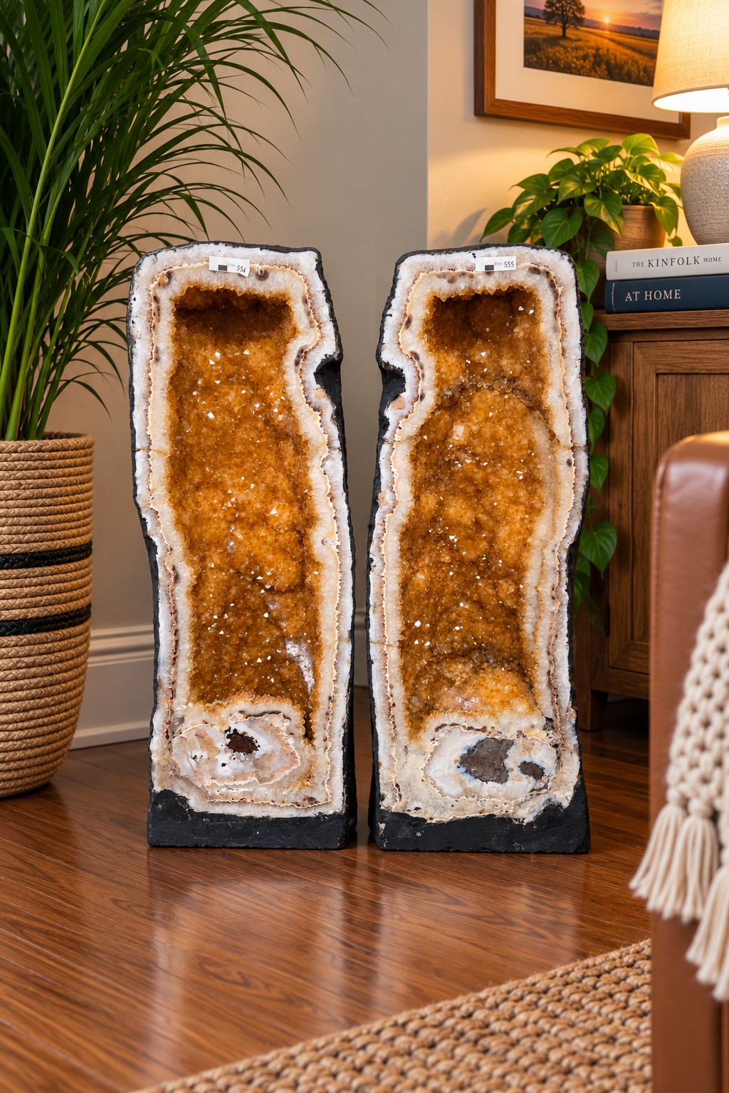 Tall Citrine Geode PAIR 554-555 Crystal Cluster Druzy Premium Grade 42kg each H66xW24xD20cm
