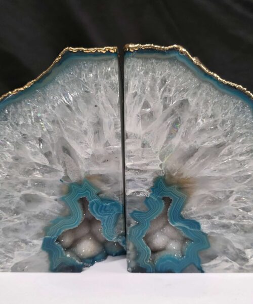 Teal Agate 24ct Gold Edge Microcrystalline Quartz Premium Bookends 1 Ornament Handpicked Size is 1.971kg - H11.5xW16.5xD8cm.