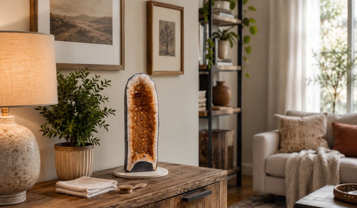 Citrine geode displayed on a wooden sideboard with a soft cleaning cloth and brush in a cosy living room.