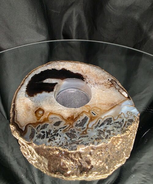 Alternative view of Black Agate Slice 1 Handpicked 538g H2xW13xD12cm Microcrystalline Quartz Gold Gilded 24ct Tealight Candle Holder