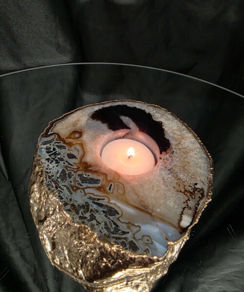 Black Agate Slice 1 Handpicked 538g H2xW13xD12cm Microcrystalline Quartz Gold Gilded 24ct Tealight Candle Holder - Image 11