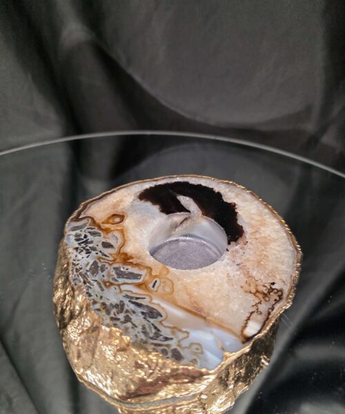 Black Agate Slice 1 Handpicked 538g H2xW13xD12cm Microcrystalline Quartz Gold Gilded 24ct Tealight Candle Holder - Image 3