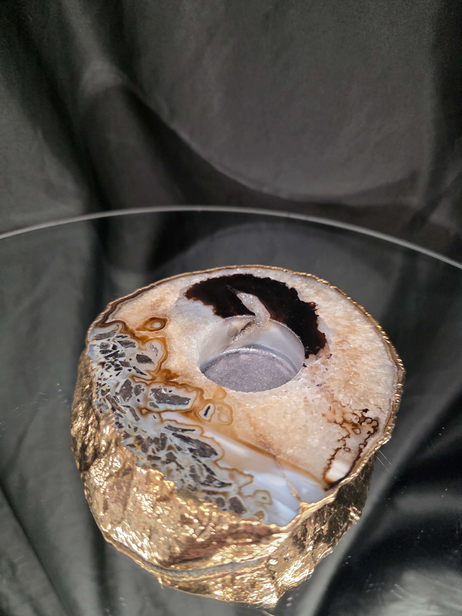 Black Agate Slice 1 Handpicked 538g H2xW13xD12cm Microcrystalline Quartz Gold Gilded 24ct Tealight Candle Holder - Image 3