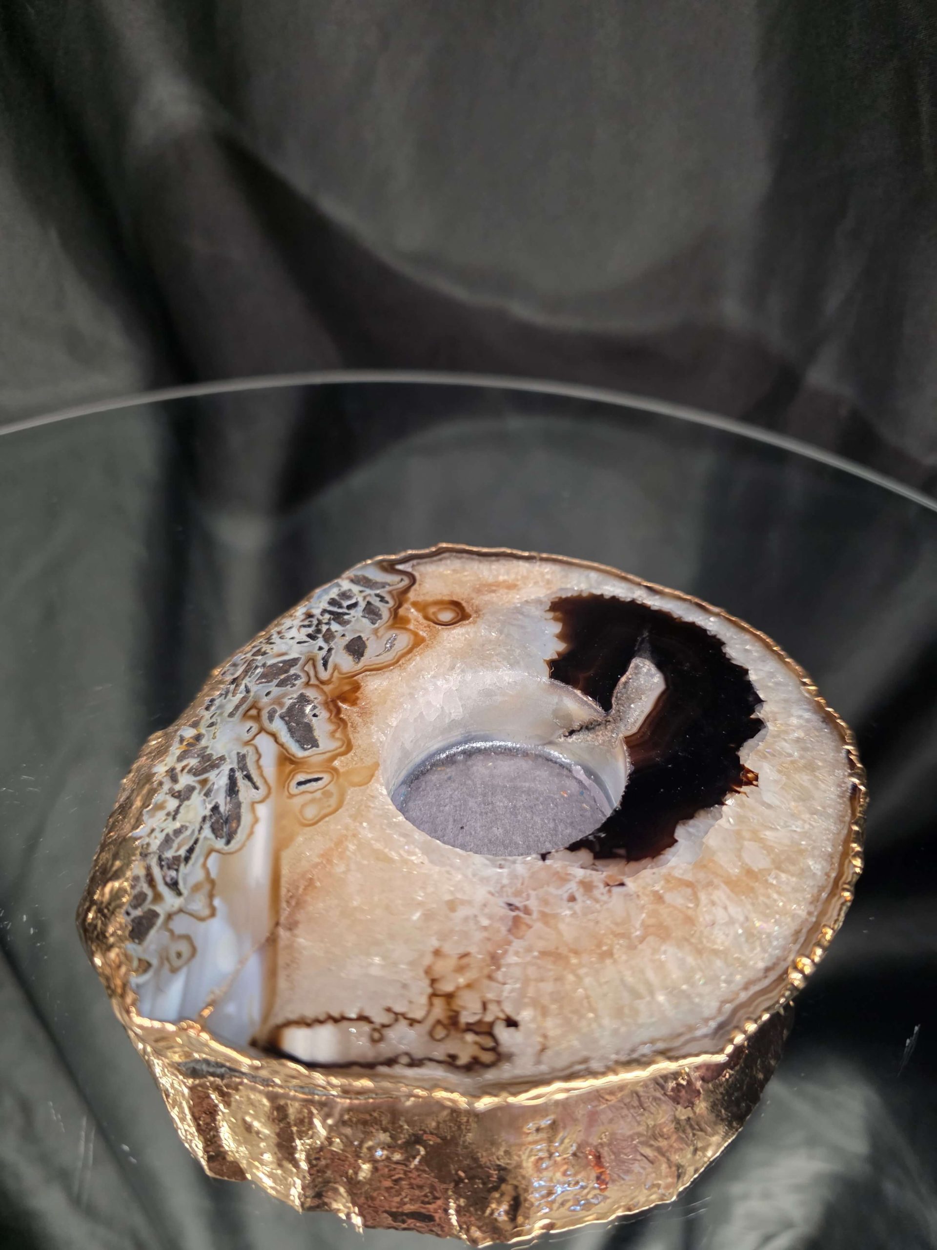 Black Agate Slice 1 Handpicked 538g H2xW13xD12cm Microcrystalline Quartz Gold Gilded 24ct Tealight Candle Holder - Image 4