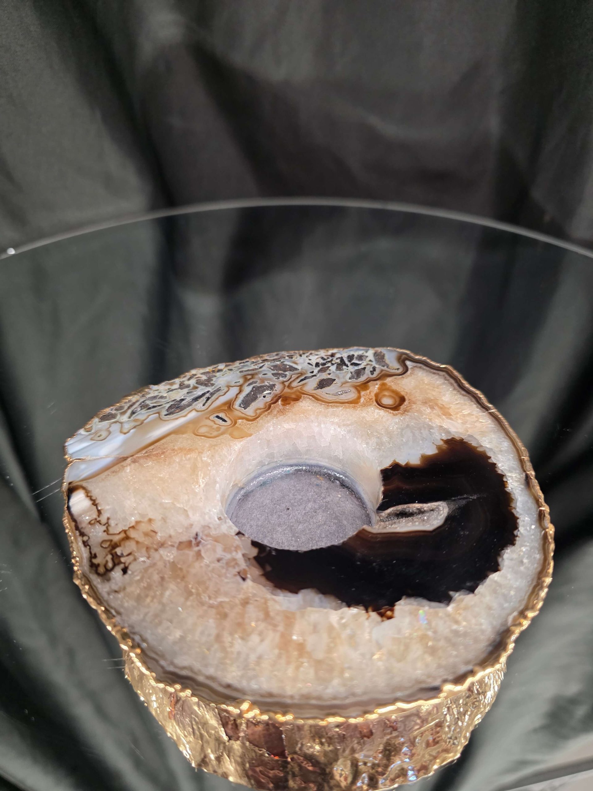 Black Agate Slice 1 Handpicked 538g H2xW13xD12cm Microcrystalline Quartz Gold Gilded 24ct Tealight Candle Holder - Image 5