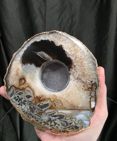 Black Agate Slice 1 Handpicked 538g H2xW13xD12cm Microcrystalline Quartz Gold Gilded 24ct Tealight Candle Holder - Image 6
