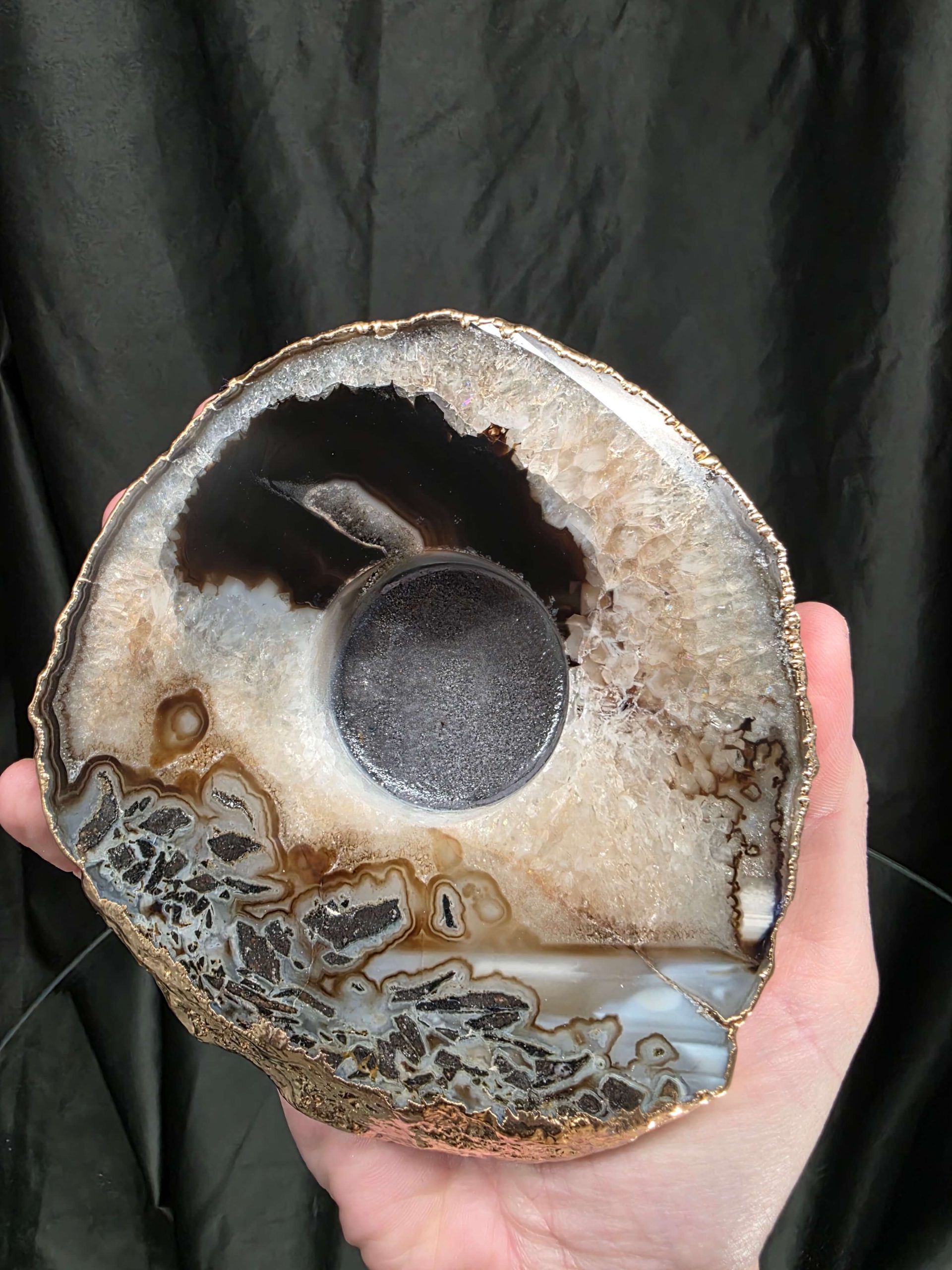 Black Agate Slice 1 Handpicked 538g H2xW13xD12cm Microcrystalline Quartz Gold Gilded 24ct Tealight Candle Holder - Image 6