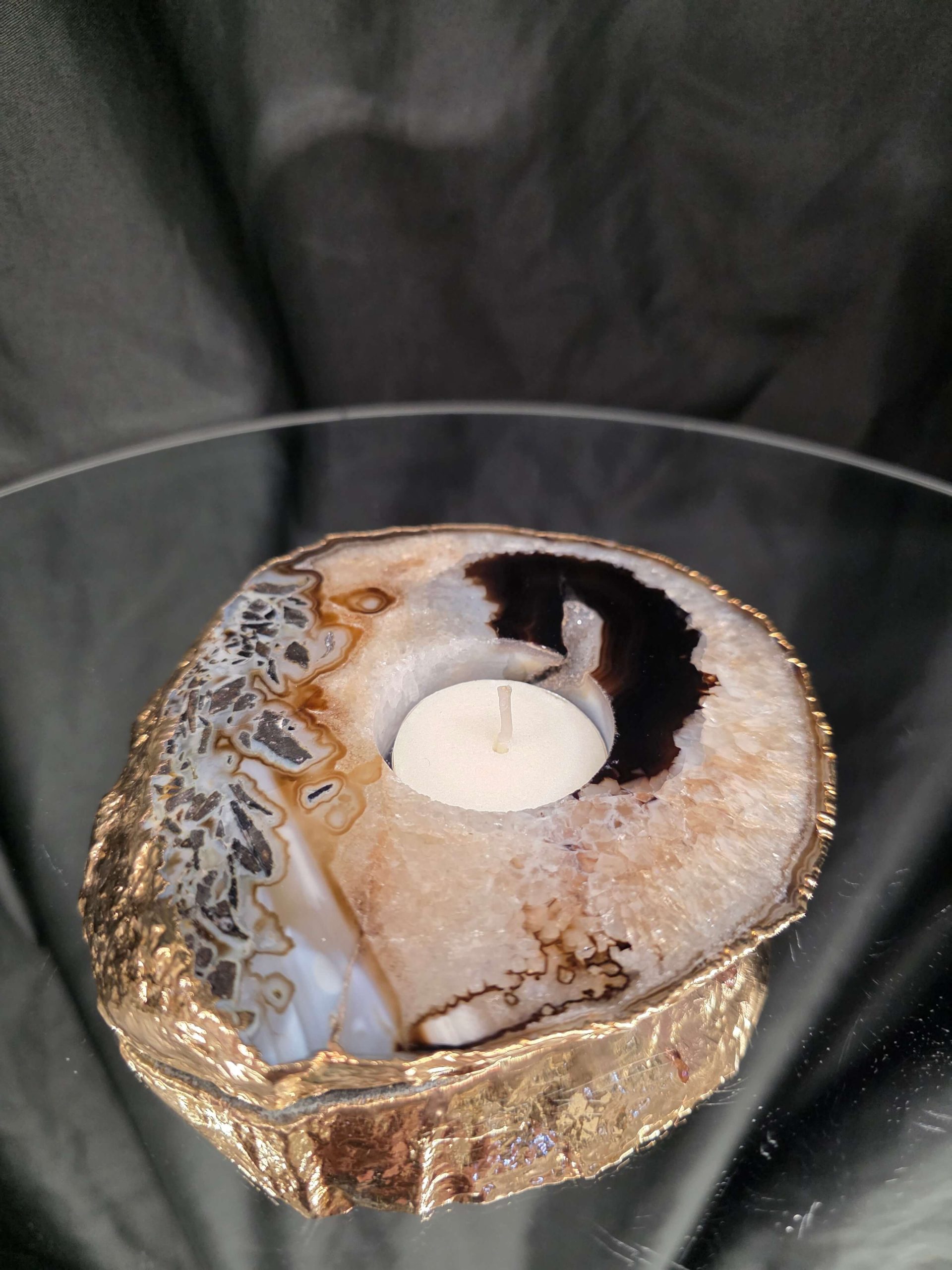 Black Agate Slice 1 Handpicked 538g H2xW13xD12cm Microcrystalline Quartz Gold Gilded 24ct Tealight Candle Holder - Image 8